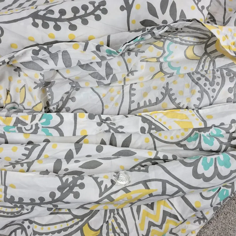 Pottery Barn Teen Ana Duvet Twin Gray Yellow Teal Paisley Buttons Tie Corners